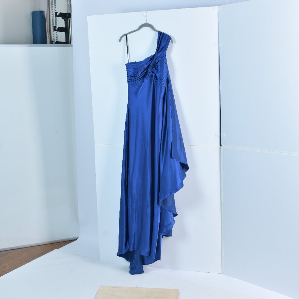 Deep blue satin one-shoulder dress